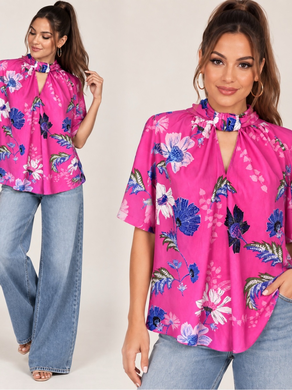 RACHEL Rachel Roy Bright Pink Floral Keyhole Mock Neck Blouse